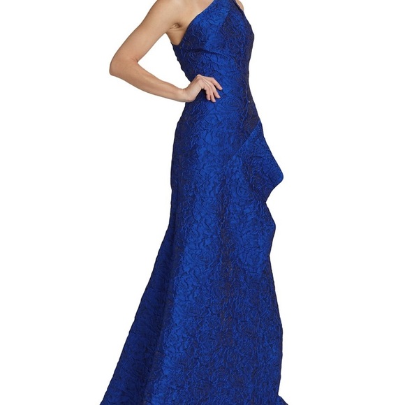 Teri Jon By Rickie Freeman Royal Blue Floral Lace Asymmetric Gown Dress - Picture 3 of 7
